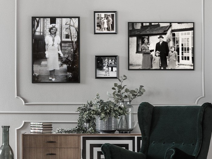 A black and white photo wall.